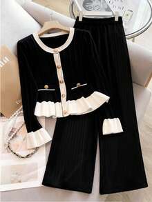 Franclia 两件套女士休闲纯色黑白撞色下摆荷叶边袖口纽扣装饰撞色拼接开襟上衣和纯色阔腿裤套装，柔软舒适，适合秋冬春季穿着，法式优雅风格，日常百搭。 - 黑與白 - 查看 1