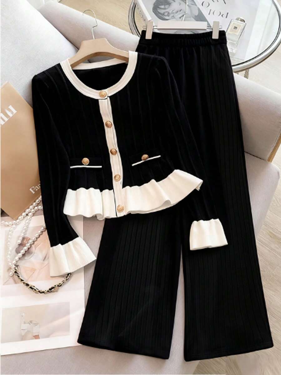 Franclia 两件套女士休闲纯色黑白撞色下摆荷叶边袖口纽扣装饰撞色拼接开襟上衣和纯色阔腿裤套装，柔软舒适，适合秋冬春季穿着，法式优雅风格，日常百搭。 - 黑與白 - 查看 1