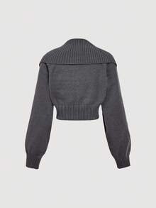 SHEIN MOD Set Atasan Tube Rajut Minimalis Bergaris Abu-abu Gelap dengan Warna Kontras dan Kardigan Pendek, Set Sweater Rajut Dua Potong Nyaman untuk Musim Gugur dan Sehari-hari - Grey - View 10