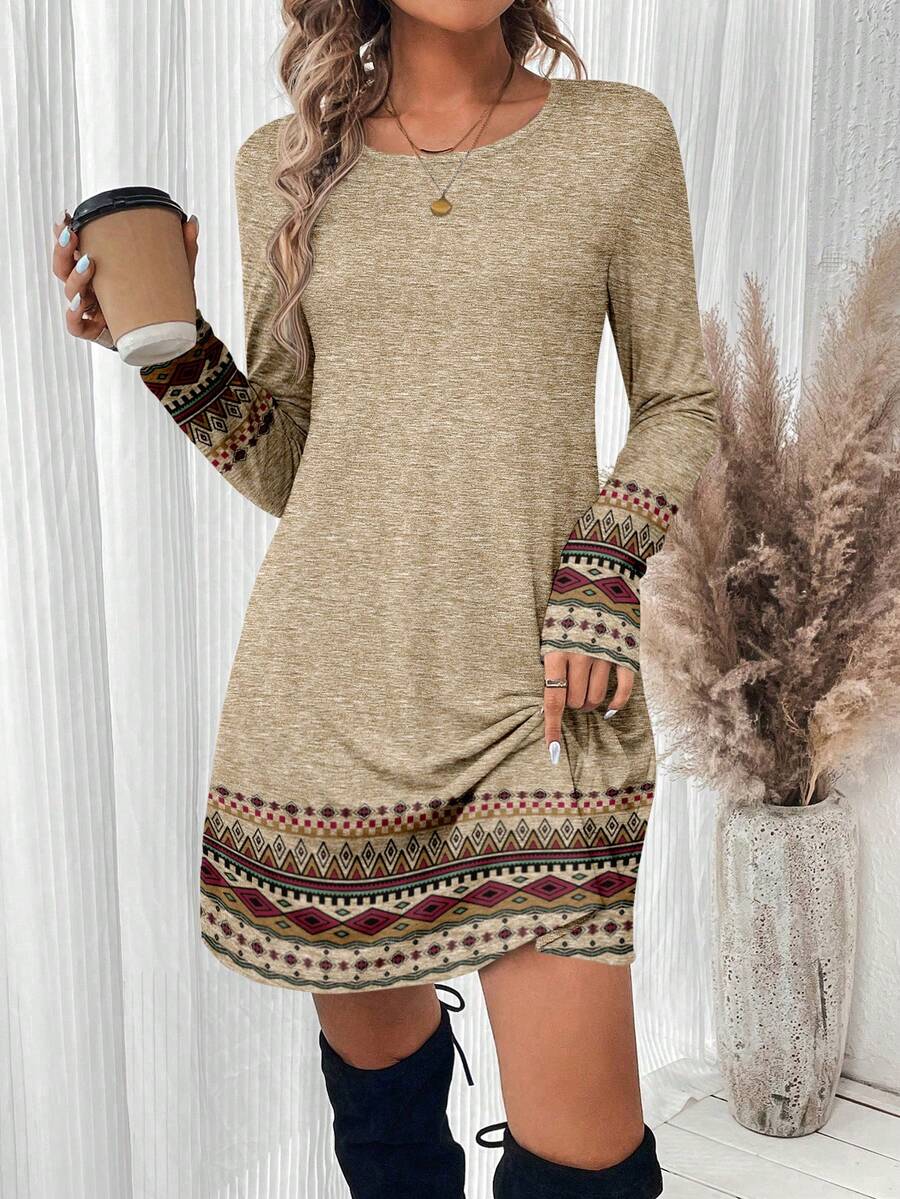 SHEIN LUNE 女士休闲复古几何印花迷你连衣裙