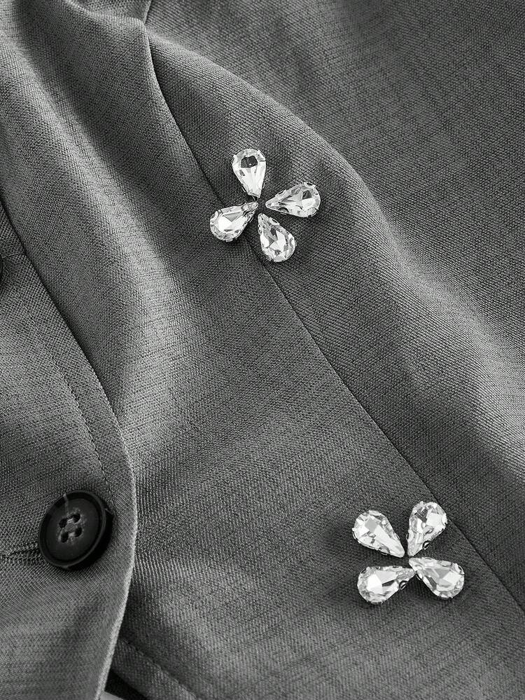 SHEIN MOD جاكيت نسائية خفيفة الوزن مزينة بالراين ستون بدون أكمام، ملابس علوية جميل، عودة إلى المدرسة، كاجوال للعمل، ملابس عودة إلى المدرسة، ملابس مكتبية للنساء في فصل الخريف/الشتاء - رمادي - مشاهدة 4