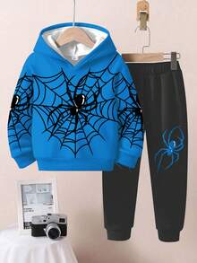 2pcs/Set Young Boys Casual Stylish Brave Cool Spider Web Print Loose Fit Hoodie Sweatshirt Set, Suitable For Autumn/Winter - Multicolor - View 2