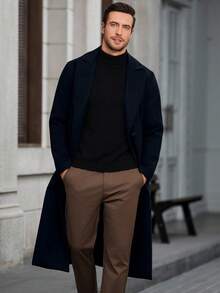 Manfinity Mode 男士纯色简约日常长袖大衣 男士长款外套 藏蓝色 男士优雅外套 - 藏蓝色 - 查看 5