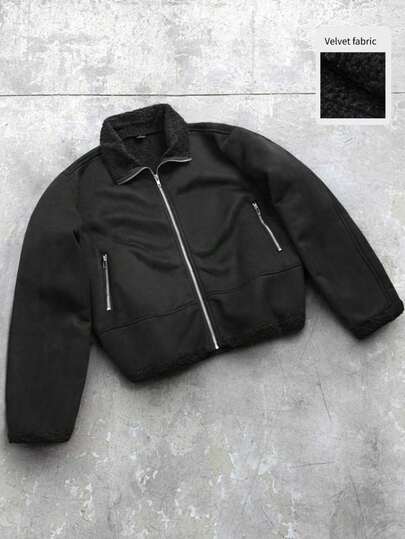 Manfinity EMRG 男士街头风黑色立领保暖绒面革夹克 - 常规版型，适合万圣节、圣诞节、日常街头穿搭和朋友聚会，是周年纪念日送给男友/丈夫的完美礼物，也适合秋冬季穿着，打造颓废摇滚风格。