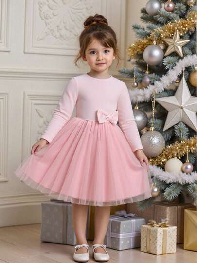 Glamorique Kids 年轻女孩秋冬天鹅绒和网眼拼布蝴蝶结优雅长袖派对连衣裙