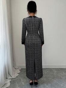 Elenzga 女士优雅秋季长袖提花黑白撞色修身连衣裙，通勤约会皆宜 - 黑與白 - 查看 2