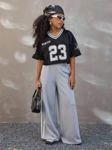 Coolane Kids Tween Girls Spring/Summer/Fall/Winter V-Neck Mesh Fabric Letter & Number Print Loose Cropped T-Shirt