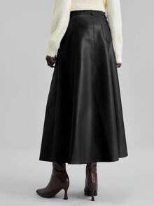 Ontre 2026春夏新款女士PU皮A字裙，宽松版型，适合都市通勤、商务、休闲、情人节派对、婚礼宾客等场合 - 黑色 - 查看 3