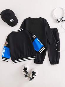SHEIN 男婴秋冬装三件套：领口拉链长袖棒球夹克、字母印花长袖 T 恤、街头风格印花慢跑裤套装 - 彩色 - 查看 2