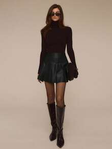 ATUI Studio Women's High Waist Pleated A-Line Mini Skirt, Fashion Casual Versatile Short Pleated Skirt, Modern Minimalist Skirt - Black - View 6