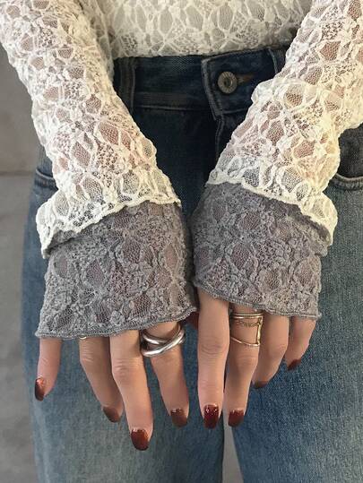 FRIFUL 女士撞色圆领长袖薄纱蕾丝叠层休闲百搭上衣，秋冬款