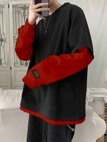 Claim Dot 宽松男士字母拼接插肩袖二合一卫衣 - 紅色 - 查看 1