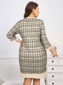 EMERY ROSE Plus Size Elegant Contrast Trim Round Neck 3/4 Sleeve Dress, Autumn - Apricot - View 2