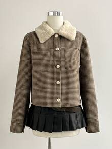 Sweetra Women's Halloween Costume New Style, Suitable For New Year Party, Commute, Daily, Travel, Vacation, Brown Jacket With Lapel, Shearling Patchwork, Houndstooth Short Jacket, Spring, Autumn, Winter