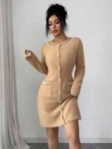 Rafferiza Women's Khaki Round Neck Pearl Mink Hair Fashion Versatile Street Sweater Dress, Christmas - Khaki - View 3