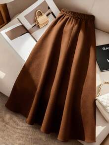 GlowEve CURVE 大码女式华夫格纹高腰A字裙，优雅时尚，适合派对、秋冬季穿着 - 棕色 - 查看 2