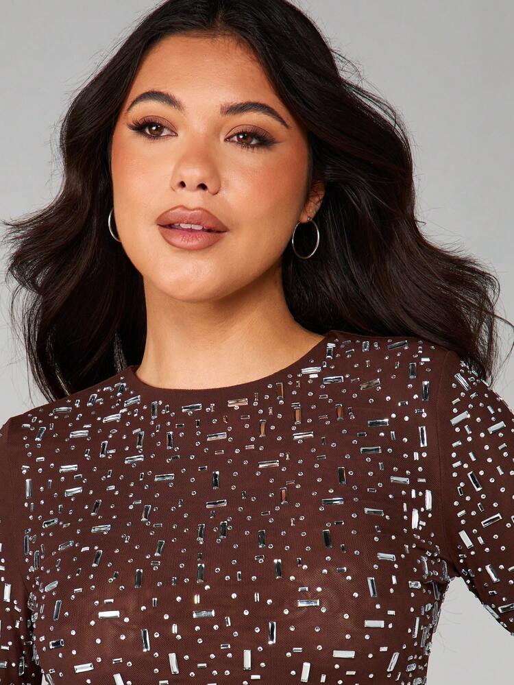 MISSGUIDED Long Sleeve Crop Top And Mini Skirt Set Sequin Sparkle Two Piece Outfit Party Celebration Coordinating Set