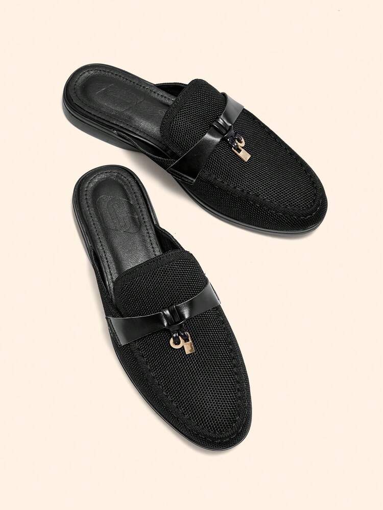 CUCCOO BASICS Women's Casual Fashion Black Knit All-Match Versatile Comfortable Commute Flat Mule Slip-On Shoes For Christmas Spring Shoes