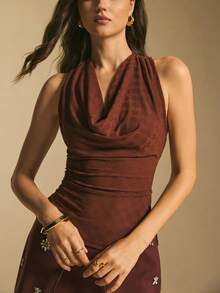 Sleeveless Solid Color Draped Neck Sexy Cami Top – Summer Knitted Stretchy Waist Slim-Fit Top With Textured Knit Fabric & Back Chain Detail - Brown - View 4