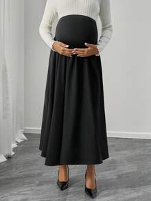 Momance Maternity Solid Color Adjustable Waist Pleated Casual Skirt - Black - View 3