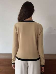 Elyressa Elegant Commuter Colorblock Trim Long Sleeve T-Shirt, Autumn - Coffee Brown - View 2