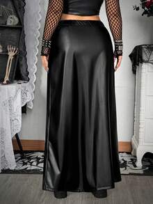 Whyspr 大码秋冬PU仿皮金属孔眼系带镂空双开衩优雅复古性感朋克哥特长裙 - 黑色 - 查看 2