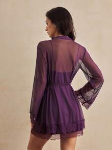 Charlaine Women Lace Patchwork Camisole Nightgown And Robe Sexy Lingerie Set - Purple - View 3
