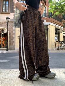 DAZY 女士弹力腰侧条纹豹纹阔腿宽松休闲裤