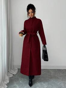 SHEIN Elenzya 女士加厚面料立领插肩袖腰部抽绳设计优雅教师/学生外套，生日礼物、约会、派对、独立日、网络星期一、万圣节、双十一、返校派对 - 紅色 - 查看 3