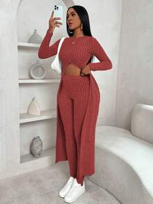 VaVaBold 两件套抓绒罗纹长款开衩下摆T恤和长裤，冬季，冬装，毛衣套装，长袖，修身，抓绒面料，徒步装备，冬季上衣，冬季打底裤，女士套装，优雅女士，秋季上衣，冬季服装，保暖，长袖 - 酒紅色 - 查看 3