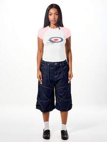 SUMWON WOMEN Contrast Raglan Sleeve Baby Tee With Retro Oval Graphic Design Short Sleeve Crop Top For Casual Summer Style - Baby Pink - View 3