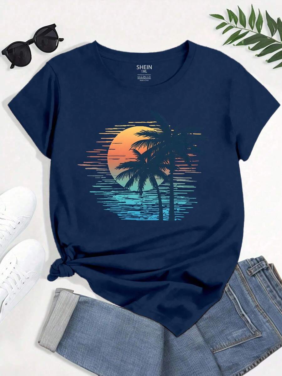 EMERY ROSE Áo thun in họa tiết thời trang nghỉ mát cỡ lớn cho nữ, kỳ nghỉ, áo thun Vacay Vibes, áo thun du lịch cuối tuần cho nữ - Màu xanh hải quân - Xem 1