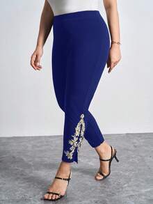 Chikora Celana Panjang Slim Fit Bordir Bunga Elegan Ukuran Plus, Cocok untuk Berpergian - Biru - View 5