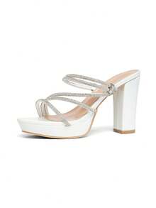 CUCCOO SZL Women's Fashion Rhinestone Strap Chunky Heel Platform Sandals, Suitable For Commuting, Dating, Gathering, Party, Wedding And Other Occasions Prom Heels Summer Shoes - White - View 5