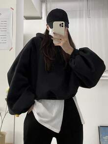 DAZY Women Solid Color Oversized Short Hooded Sweatshirt,Fall Clothes Hoodies - Black - View 4