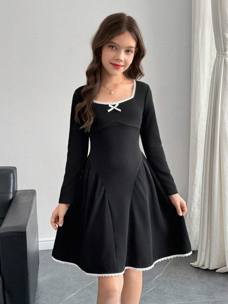 SHEIN Tween Girl Black Waist Cinched Dress With Cute Contrast Ruffle, Fashionable Versatile Casual & Elegant - Black - View 1
