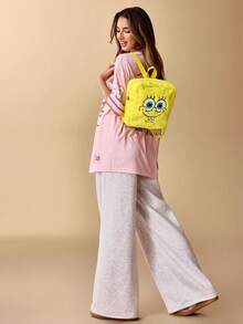 SpongeBob SquarePants | SHEIN 1 Mochila de peluche con bordado de dibujos animados, correa ajustable, bolsa de fitness, bolsa casual, mochila de lona, bolsa escolar, bolsa de viaje, para niñas, para niños, para adolescentes, para mujeres, para hombres, ideas de regalo - Amarillo - Ver 5