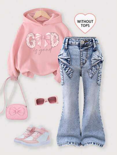 女童喇叭牛仔裤，轻盈水洗牛仔布，可爱蝴蝶结装饰，舒适棉质，休闲百搭，适合日常穿着、派对、旅行、返校季，秋季新品上市