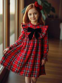 SHEIN Tween Girls' Cute Back-To-School Red And White Plaid Dress,Autumn Elegant Long Sleeve Ruffle Trim Patchwork Bow Decor Loose Christmas Party Dress - Red - View 3