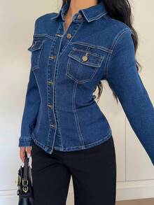 Siren Gaze Blue Fitted Denim Jacket, Slimming And Stylish, Retro Collared Long-Sleeved Top Winter - Dark Wash - View 4