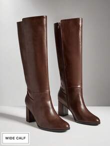 SHUZIA Women's Wide-Calf Glamorous Comfortable Pointed Toe Block Heel Knee High Boots For Christmas - Coffee Brown - View 3