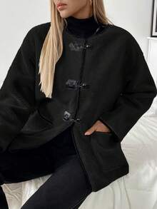 Chiquease Round Neck Contrast Color Ox Horn Button Loose Sherpa Jacket Fall Cloth For Women - Black - View 4