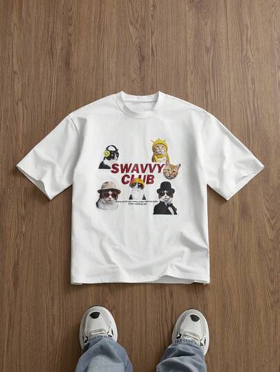 Manfinity Unisex Camiseta gráfica para hombre con estampado divertido de gato, cuello redondo, corte holgado y manga corta