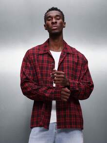 PLAYBOY X SUMWON Men's Cropped Button Down Plaid Flannel Shirt With Back Graphic Print Long Sleeve Casual Fall Winter - Red and Black - View 6
