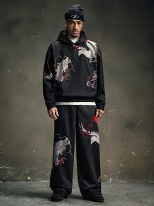 AXEPEAK Bộ áo hoodie và quần nỉ in hình rồng phượng thường ngày cho nam, Thu/Đông - màu đen - Xem 3