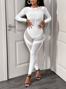 BamGleam Women's Sexy Hollow Out Mesh Long Sleeve Jumpsuit - White - View 4