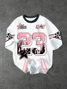 SHEIN EZwear 休闲简约圆领T恤，印有数字23和英文字母赛车图案，宽松短袖设计，适合女性外出、街头风格和时尚场合。