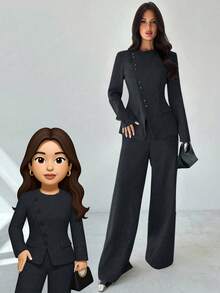 Firerie 女士优雅通勤日常百搭街头时尚新款不对称翻领纽扣腰长袖西装外套和高腰长裤卡其灰色两件套西装套装秋冬女装 - 藏蓝色 - 查看 1