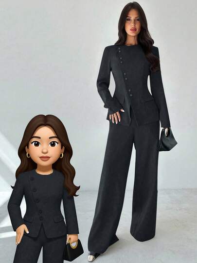 Firerie بدلة نسائية أنيقة للتنقل والاستخدام اليومي متعددة الاستخدامات، موضة الشارع الجديدة، سترة بياقة مائلة وأزرار وخصر طويلة الأكمام، وبنطال طويل عالي الخصر، لون بيج رمادي، مجموعة قطعتين للنساء في فصل الخريف والشتاء