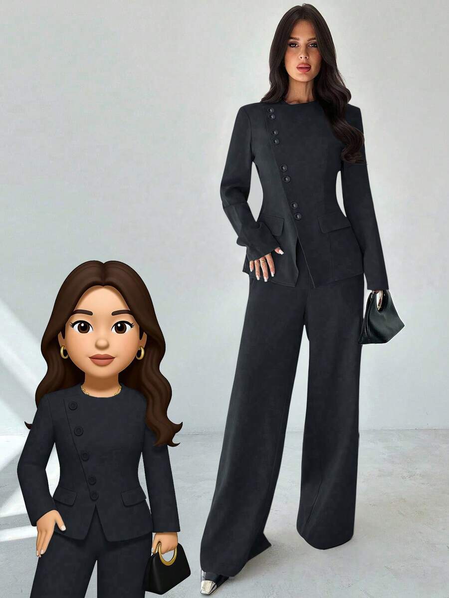 Firerie 女士优雅通勤日常百搭街头时尚新款不对称翻领纽扣腰长袖西装外套和高腰长裤卡其灰色两件套西装套装秋冬女装 - 藏蓝色 - 查看 1